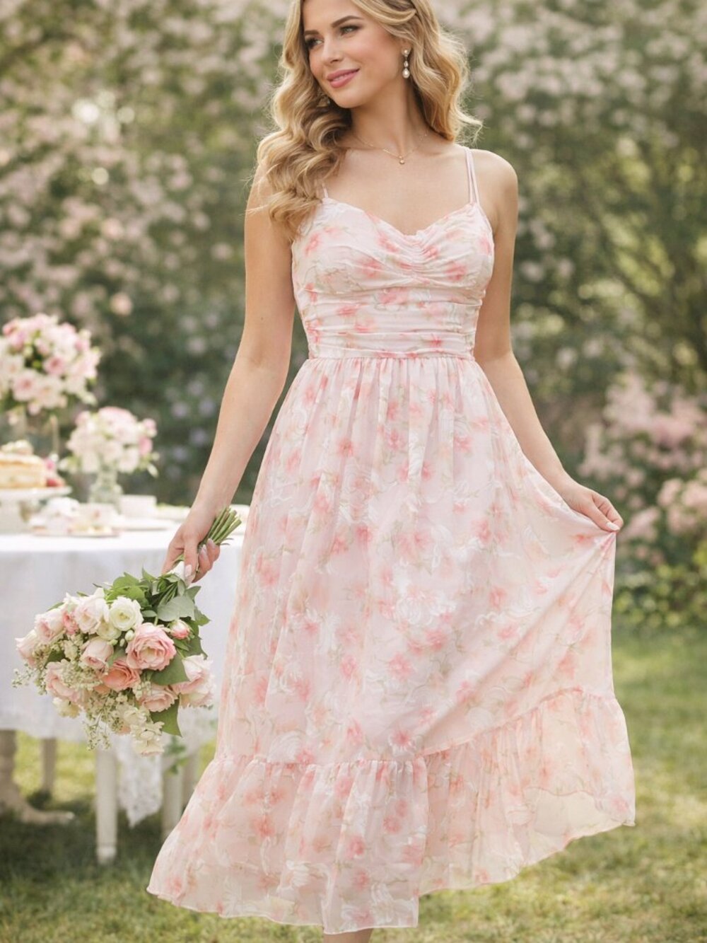 Storia Blush Floral Chiffon Midi Dress